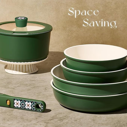 CAROTE 19Pcs Ceramic Cookware Set, Pots and Pans Set Non stick, Non Toxic Cookware Detachable Handle, Kitchen Cooking Set - Induction Cookware, Dishwasher/Oven Safe, PFAS Free, Green - Image 4