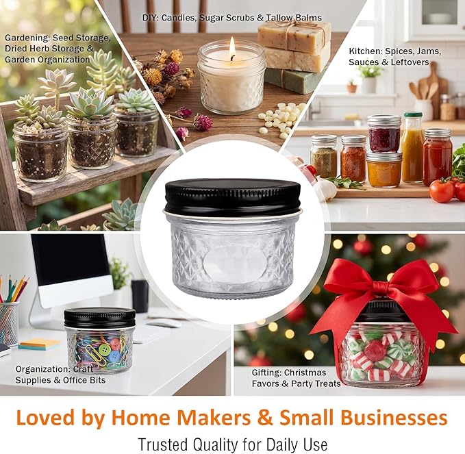 4 oz Glass Jars With Lids (Black), 40 Pack Small Clear Mason Jars and Diamond appearance, Small Spice Canning Jars for Spice, Honey, Jam, Caviar, Candle Making, Wedding Favors & Kitchen Storage - Image 5