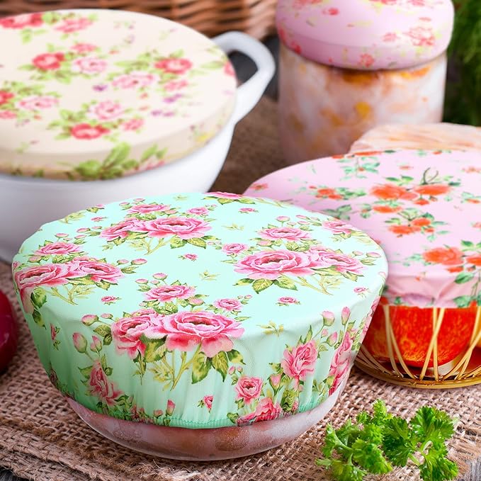Patelai 10 Pcs Bowl Covers Reusable in 5 Size Stretch Cloth Fabric Elastic Food Storage Bowl Covers Bread Sourdough Lids for Proofing Food Fruits Leftover(Red, Pink, Green,Floral Style) - Image 3