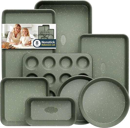 8-Piece Nonstick Bakeware Set, Stackable Oven Pan Set Includes Baking Sheet, Muffin Pan, Cake Pan, Square Pan, Loaf Pan, Cookie Sheet & Cooling Rack (Ceramic Coated Green) by SlowSLog