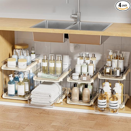 Delamu 2-Tier Multi-Purpose Bathroom Under Sink Organizers and Storage, Stackable Kitchen Pantry Organization, Pull Out Medicine Cabinet Organizer with Movable Dividers, Beige, 4 Pack by DELAMU