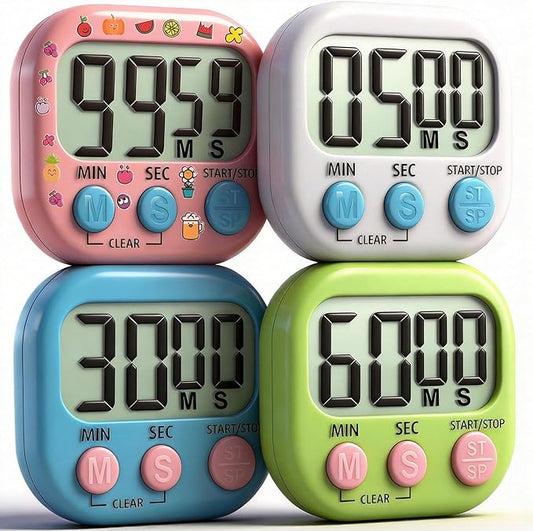 Antonki 4 Pack Digital Timer for Kids, Kitchen Timer for Cooking, Classroom, Study, Exercise with Countdown/Up Mode - Loud Alarm, Large Display - AAA Battery Operated (Not Included)