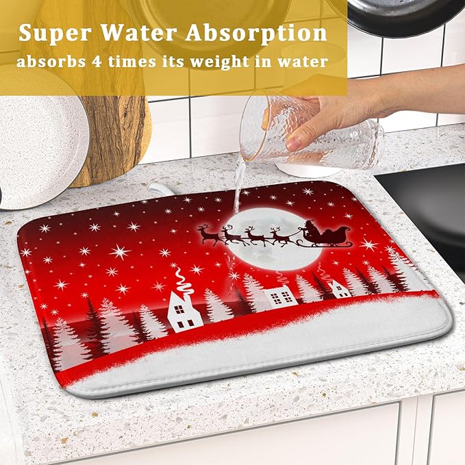 Christmas Reindeer Moon Star Red Dish Drying Mat for Kitchen Counter,White Xmas Tree Castle Drying Mat 16 x 18 Inch with Absorbent Reversible Microfiber Dish Drying Pad for Coffee Bar - Image 7