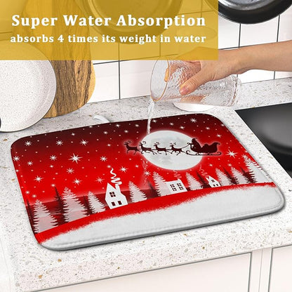 Christmas Reindeer Moon Star Red Dish Drying Mat for Kitchen Counter,White Xmas Tree Castle Drying Mat 16 x 18 Inch with Absorbent Reversible Microfiber Dish Drying Pad for Coffee Bar - Image 7