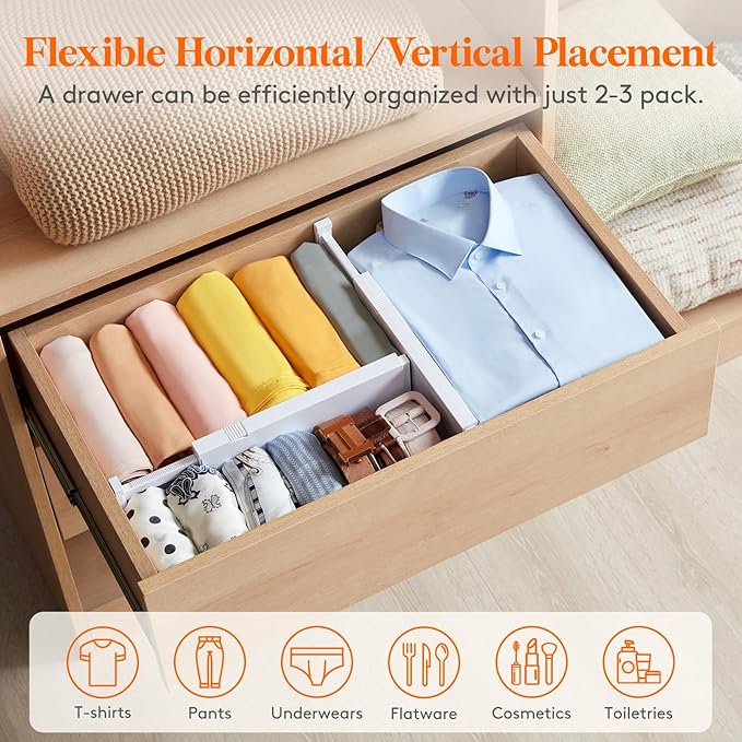 Lifewit 4 Pack 4" High Drawer Dividers 28 -43.5cm/11-17" Adjustable Kitchen Drawer Organiser, Expandable Drawer Dividers Separator for Clothes in Bedroom/Bathroom/Office Organisation & Storage White - Image 6