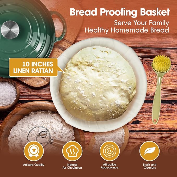 5QT Enameled Cast Iron Dutch Oven for Bread & Multi-Cooking – Complete Sourdough Starter Kit with Lid ,Probe Thermometer, Proofing Basket, Silicone Sling & Gift Packaging Bags,Oven Safe up to 500°F(Green)