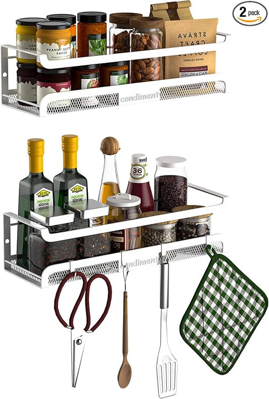 Spice Rack Wall Mount with Hooks - Spice Racks Organizer for Cabinet Storage, Wall Mounted Hanging Shelf Seasoning Organizer, for Kitchen, Pantry Door, Bathroom (White, 2 Pack)