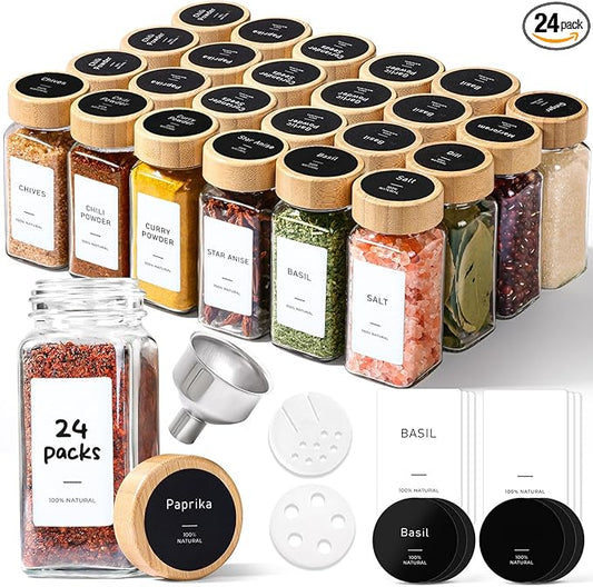 ComSaf Spice Jars with Label 4 oz 24Pcs, Glass Spice Jars with 6 Extra Shaker Inserts and 93 Labels, Seasoning Set with Bamboo Lids and Metal Funnel, Square Containers for Organization, Salt, Pepper by ComSaf