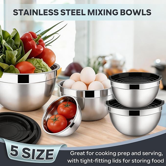 E-far Mixing Bowls With Lids Sets of 5, 10-Piece Stainless Steel Salad Metal Nesting Bowl for Baking Cooking and Prepping, Airtight Lid & Stackable Design, Size 4.6, 3, 2.1, 1.5, 0.7 QT, Black - Image 4