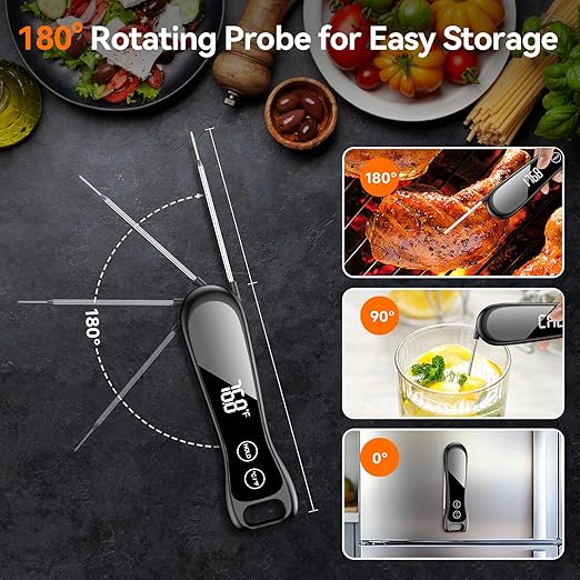 Meat Thermometer Digital 1 Second Instant Read Food Thermometer for Cooking Grilling, Candy, Fry, BBQ, Turkey, IP67 Waterproof 180° Folding Probe Large Backlit Display Thermometer