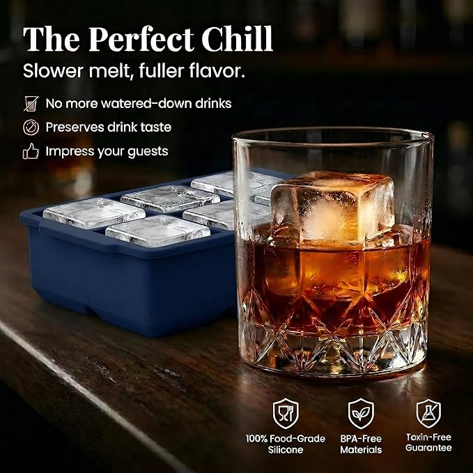 KitchFort Large Silicone Ice Cube Tray (2-Pack), Easy Release 2" Big Ice Cubes - Cocktail, Whiskey Ice Cubes Mold - Ice Trays for Freezer with Lid - Stackable Silicone Ice Tray - Navy Blue - Image 4