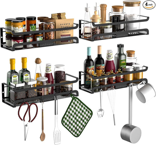 Spice Rack Wall Mount with Hooks - Spice Racks Organizer for Cabinet Storage, Wall Mounted Hanging Shelf Seasoning Organizer, for Kitchen, Pantry Door, Bathroom (Black, 4 Pack)