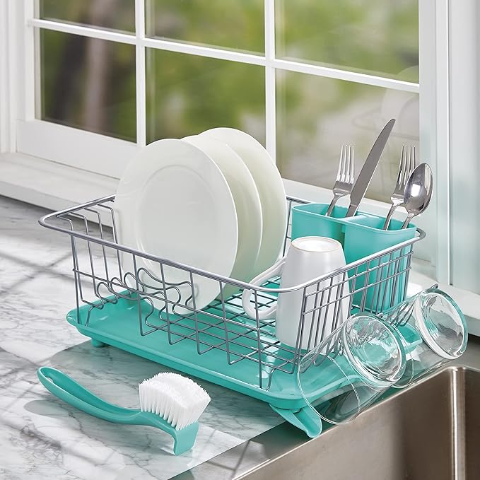 Farberware Compact Dish Drying Rack with Frost Sink Brush, Removable Drainboard and Flatware Caddy, Holds 9 Plates - Teal, Rust-Resistant for Small Kitchens - Image 8