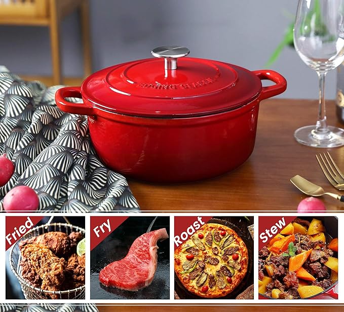 EDGING CASTING Enameled Cast Iron Dutch Oven, 5.5 Quart, Round Dutch Ovens Pot with Dual Handle for Bread Baking, Dutch Ovens with Lid, Bread Oven, Red - Image 7
