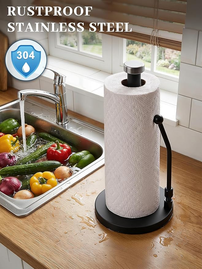 SMARTAKE Paper Towel Holder, Paper Towel Dispenser Standing Weighted Base Non Slip, Spring Arm Fit Most Size Paper Roll, Stainless Steel Paper Towel Holder for Home Kitchen Countertop Tabletop, Black - Image 3