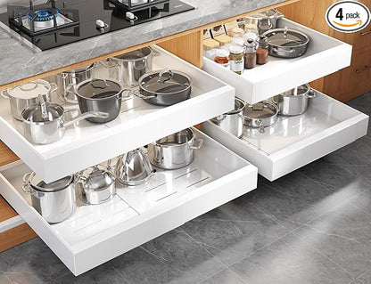 Seinloes 4 Pack Expandable (15.1"-26.3") Pull Out Cabinet Organizer 21" Deep With Raising Pad for Framed Cabinets,Upgrade 3 Slide Rails Slide Out Drawers,No Drill Roll Out Shelves Adhesive,White by Seinloes