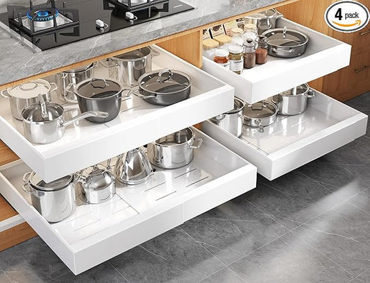 Seinloes 4 Pack Expandable (15.1"-26.3") Pull Out Cabinet Organizer 21" Deep With Raising Pad for Framed Cabinets,Upgrade 3 Slide Rails Slide Out Drawers,No Drill Roll Out Shelves Adhesive,White by Seinloes