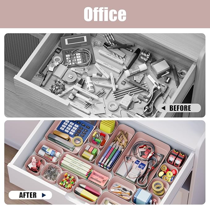 Plastic Drawer Organizers, 18 PCS Bathroom Drawer Organizer Bins, Desk and Vanity Organizer Plastic Tray, Makeup organizer and storage for Bedroom, Kitchen Gadgets Utensils and Office (Pink) - Image 6