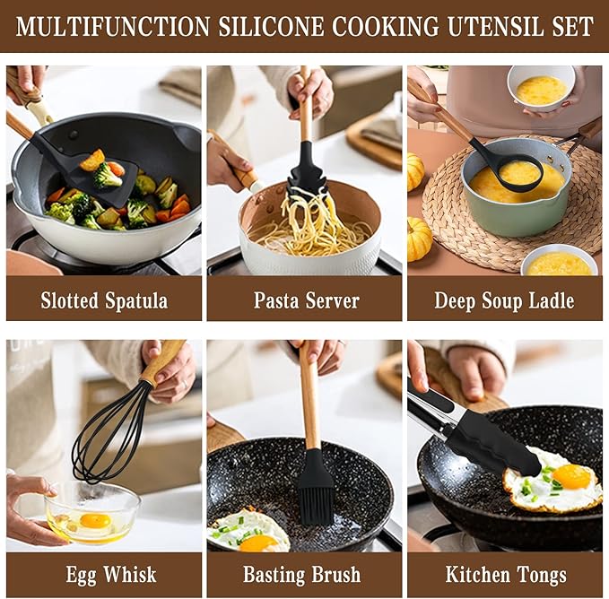 Umite Chef Kitchen Cooking Utensils Set, 33 pcs Non-Stick Silicone Cooking Kitchen Spatula Set with Holder, Wooden Handle Silicone Kitchen Gadgets Utensil Set (Black) - Image 3