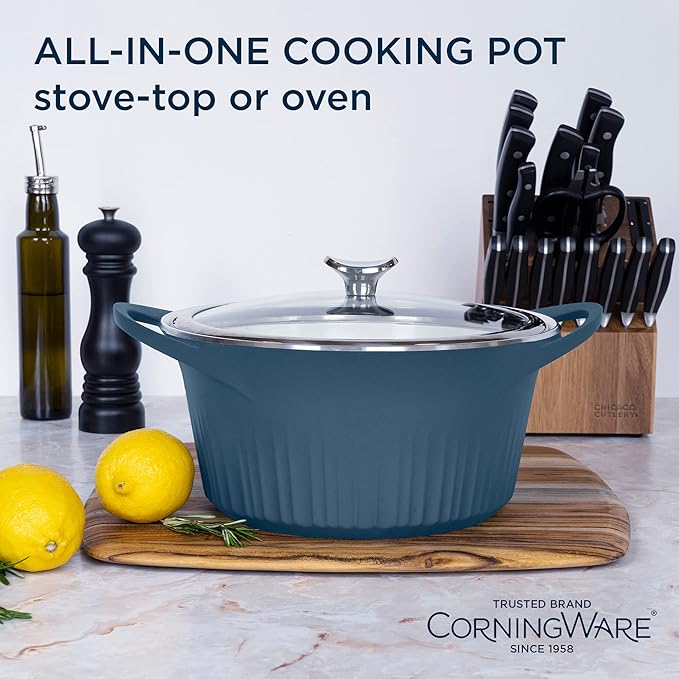 CorningWare QuickHeat 5.5-QT Cast Aluminum Dutch Oven With Lid & Non-Stick Ceramic Interior, Lightweight and Fast Even Heat Baking & Cooking, For Meats, Soup, Browning, Searing, French Navy