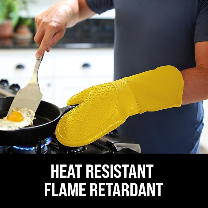 BPA-Free Soft Silicone Oven Mitts - Ultra Heat Resistant Oven Mitts with Thick Cotton Liner - Long Slip Resistant Pot Holders, Flexible Oven Gloves - Yellow 13.7" - Image 3