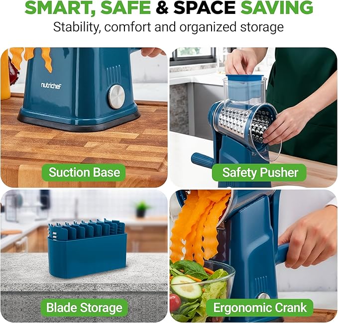 NutriChef 5 in 1 Cheese Grater & Shredder | 5 Different Blades for Thin, Thick, Julienne Strips, Wavy, & Straight Strips | Includes Hand Crank, Strong Suction Base & Storage Container | Blue - Image 7