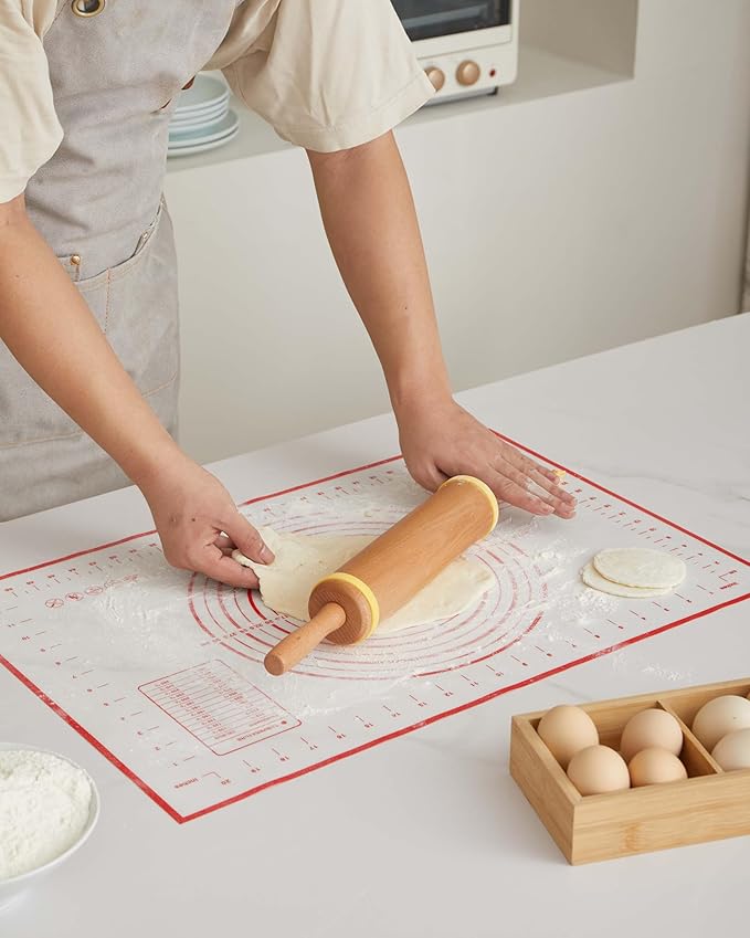 Classic Wood Rolling Pin, 17" Rolling Pins for Baking with Silicone Mat and Adjustable Thickness Rings, Pasta Roller with Wood Base, Fondant Roller for Pie Crust, Cookies, Pizza Dough and Bread - Image 7
