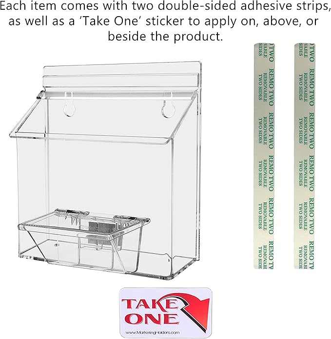 Marketing Holders Outdoor Brochure Holder Holds 7.5" x 5.5" Advertising Postcards and 3.5" x 2" Business Cards Clear Acrylic Wall Mount Box with Lid Includes Take One Sticker and Adhesive Strips