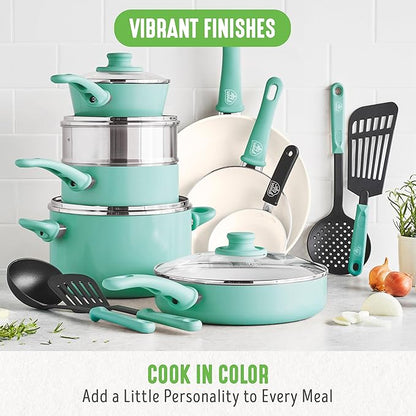 GreenLife Soft Grip Healthy Ceramic Nonstick, 15 Piece Cookware Pots and Pans Set, Induction, PFAS-Free, Dishwasher Safe, Turquoise