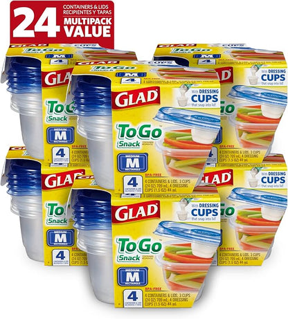 Glad GladWare To Go Snack Food Storage Containers with Lids, Medium Rectangle BPA Free Plastic with Built-In Dressing Cup for Salads and Snacks, Microwave Dishwasher Safe, 24 Oz, 4 Count - 6 Pack by GladTrashFoodStorage