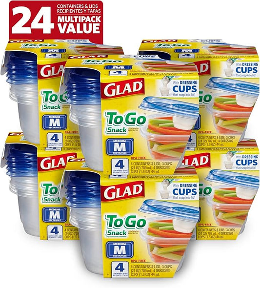 Glad GladWare To Go Snack Food Storage Containers with Lids, Medium Rectangle BPA Free Plastic with Built-In Dressing Cup for Salads and Snacks, Microwave Dishwasher Safe, 24 Oz, 4 Count - 6 Pack by GladTrashFoodStorage