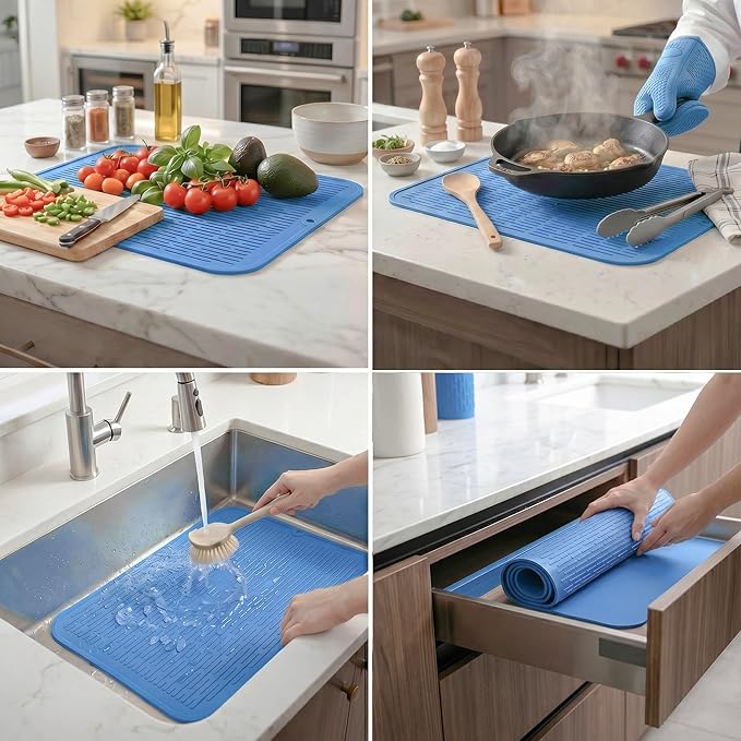 MicoYang Silicone Dish Drying Mat for Multiple Usage,Easy clean,Eco-friendly,Heat-resistant Silicone Mat for Kitchen Counter or Sink,Refrigerator or Drawer Liner Lichen BlueL 2XL 24 inches x 18 inches - Image 3