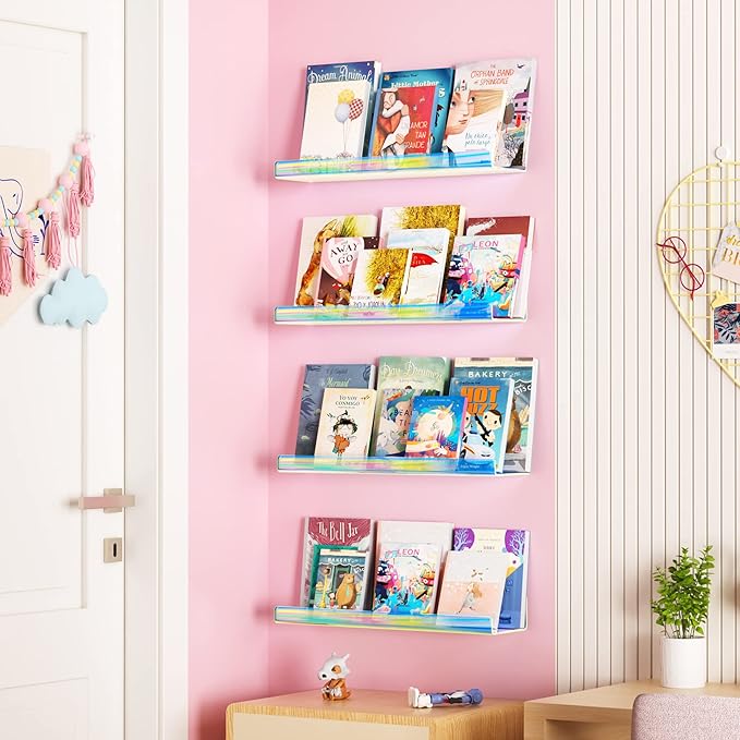 upsimples Acrylic Shelves for Wall Decor, 15" Display Shelf for Perfume, Skincare, Nail Polish, Wall Organizer for Bathroom, Bedroom, Living Room, Playroom, Kids Bookshelf, Iridescent, 4 Pack - Image 2