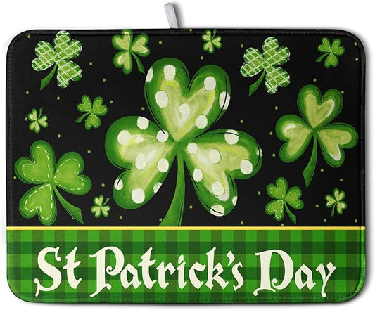 Happy St. Patrick's Day Kitchen Drying Mat Green Plaid Lucky Shamrock Clover Dish Drying Mat St Patrick's Day Super Absorbent Dish Dry Pad Microfiber Dish Drainer Mats for Kitchen Counter 18x24 Inch by Kwlegh