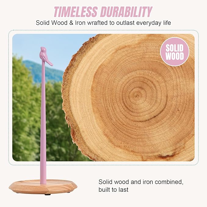 Wooden Paper Towel Holder countertop, Stylish Bird Shaped,Solid Wood Base&Iron Top, with Non-Slip Mat, Stable&Durable,Paper Towel Holder Farmhouse Style to Elevate Your Kitchen's Décor (Pink) - Image 3