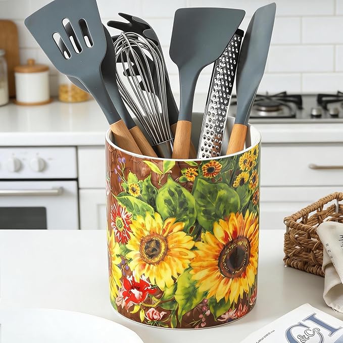 7" Oil Painting Sunflower Utensil Holder, Large Kitchen Utensil Holder Organizer ,Stable Utensil Crock Spatula Holder for Kitchen Counter Countertop Farmhouse Cooking Tools Holder