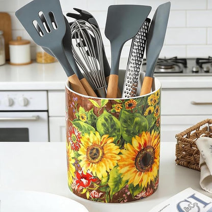 7" Oil Painting Sunflower Utensil Holder, Large Kitchen Utensil Holder Organizer ,Stable Utensil Crock Spatula Holder for Kitchen Counter Countertop Farmhouse Cooking Tools Holder