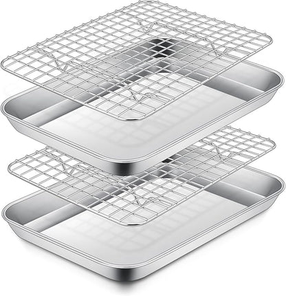 P&P CHEF 9 Inch Toaster Oven Pan with Rack Set, Stainless Steel Baking Pan Tray and Grid Cooling Rack for Cooking/Roasting, Dishwasher Safe & Easy to Clean, Non-toxic & Sturdy, (4Pcs)