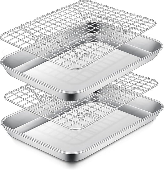 P&P CHEF 9 Inch Toaster Oven Pan with Rack Set, Stainless Steel Baking Pan Tray and Grid Cooling Rack for Cooking/Roasting, Dishwasher Safe & Easy to Clean, Non-toxic & Sturdy, (4Pcs)