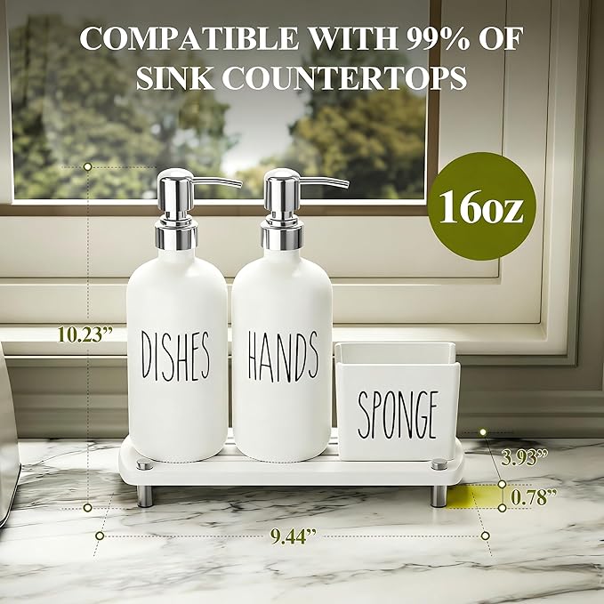 Cisily Kitchen Soap Dispenser Set Comes with Ceramics Sponge Holder, Gold Pumps, and Instant Dry Tray, Hand and Dish Soap Dispenser Set (4, Silver + White + Sponge Holder) - Image 3