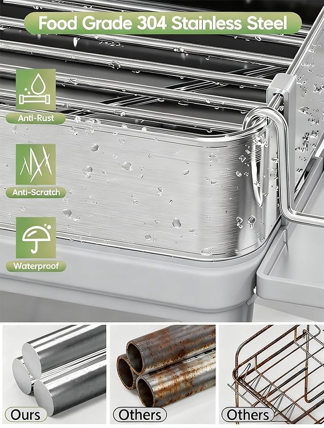 Dish Racks, Thicker Premium 304 Stainless Steel Dish Drying Rack for Kitchen Counter, Automatic Drainage Spout, Dish Drainer & Drainboard Set with Utensil Holder and Cup Holder, Grey - Image 2
