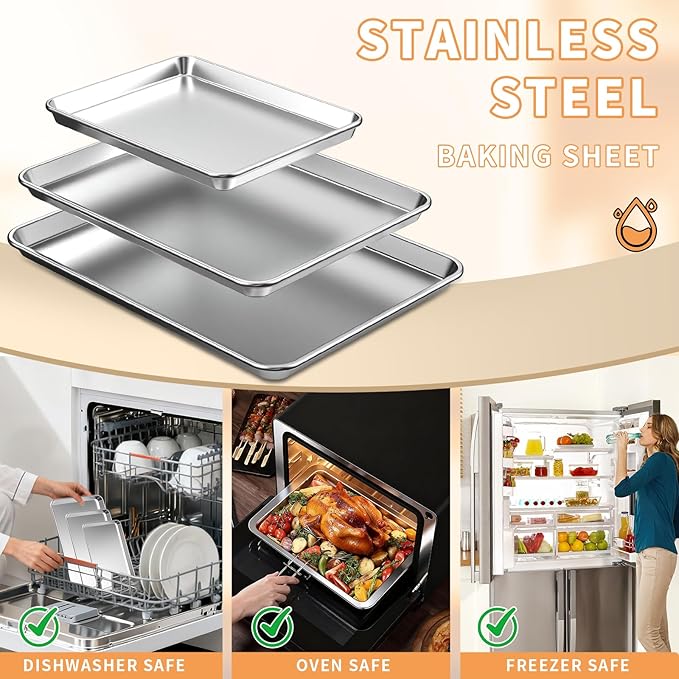Baking Sheet Set of 3, Stainless Steel Cookie Sheets Baking Sheet Pan, 10.5/12.4/16 Inch, Thicker and Firmer Baking Pans Set, Non-stick, Non toxic & Heavy Duty & Easy Clean，Dishwasher Safe - Image 6