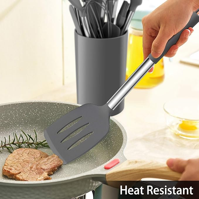 LIANYU 15-Piece Cooking Kitchen Utensils Set with Holder, Silicone Kitchen Tools Stainless Steel Handle, Slotted Spatula Spoon Turner Tong Whisk Brush for Cooking, Gray - Image 5