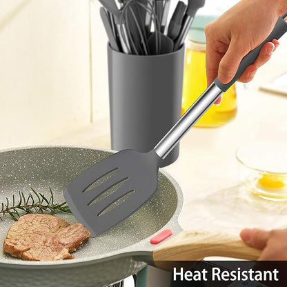LIANYU 15-Piece Cooking Kitchen Utensils Set with Holder, Silicone Kitchen Tools Stainless Steel Handle, Slotted Spatula Spoon Turner Tong Whisk Brush for Cooking, Gray - Image 5