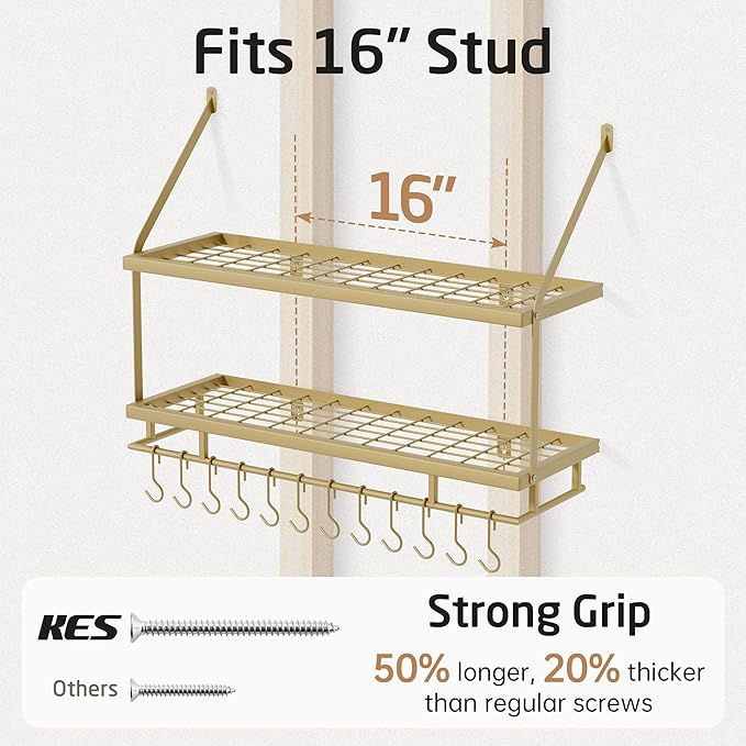 KES 30-Inch Gold Pot Rack Wall Mounted, 2-Tier Hanging Pot and Pan Organizer with 12 Sturdy Hooks, Elegant Modern Kitchen Wall Hanger Shelves, KUR215S75B-GD - Image 5