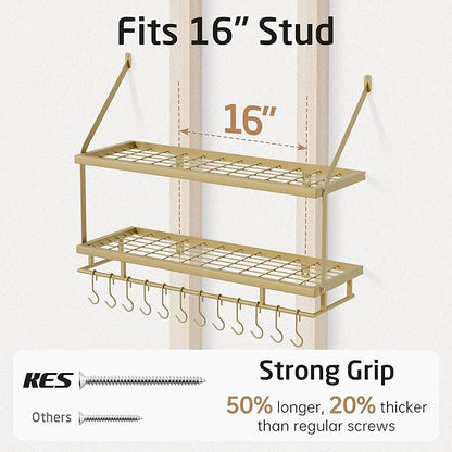 KES 30-Inch Gold Pot Rack Wall Mounted, 2-Tier Hanging Pot and Pan Organizer with 12 Sturdy Hooks, Elegant Modern Kitchen Wall Hanger Shelves, KUR215S75B-GD - Image 5