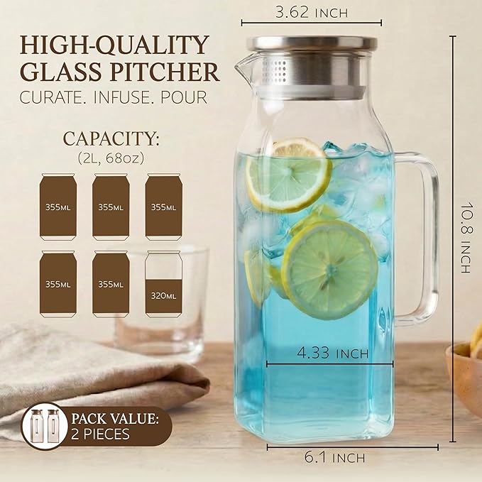 2 Pack Square Glass Pitcher with Lid and Handle, 68oz 2 Liter Borosilicate Glass Water Pitcher for Fridge, Heat Resistant Iced Tea Pitcher, Glass Carafe for Hot Cold Beverages Juice Lemonade