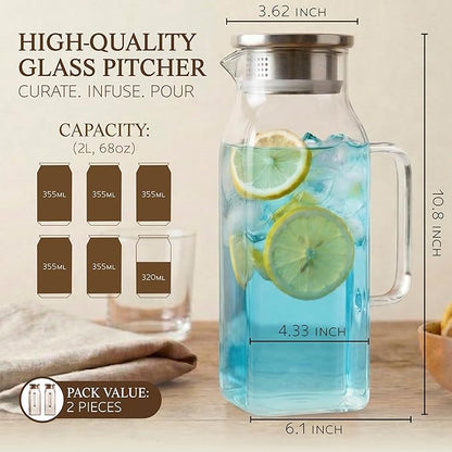 2 Pack Square Glass Pitcher with Lid and Handle, 68oz 2 Liter Borosilicate Glass Water Pitcher for Fridge, Heat Resistant Iced Tea Pitcher, Glass Carafe for Hot Cold Beverages Juice Lemonade