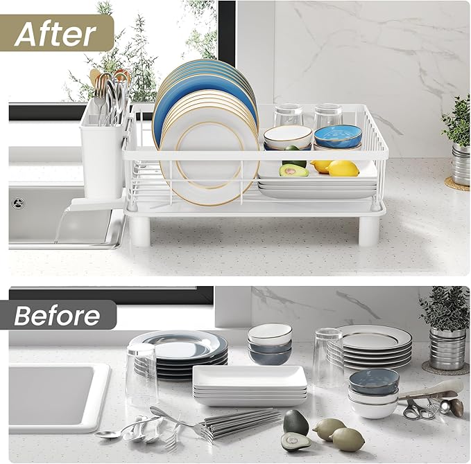 SNTD Dish Drying Rack - Small Dish Rack for Kitchen Counter, Stainless Steel Dish Drainer with Utensil Holder and Drainboard, 11" W x 15" L (White) - Image 8
