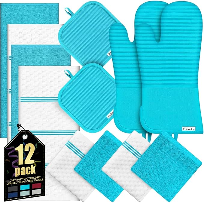 Oven Mitts Kitchen Towels and Dishcloths with Pot Holders Sets, Oven Gloves Hot Pads 500°F Heat Resistant with Silicone Grip, Include 2 Cooking Gloves/2 Potholders/4 Kitchen Towels/4 Dish Towels by KacNacPro
